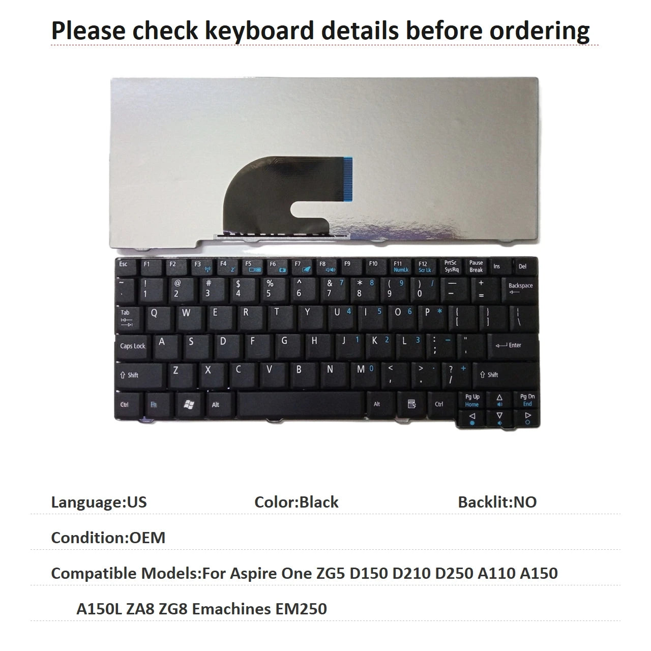 New US Spanish Brazil Language Keyboard For Acer Aspire One ZG5 D150 D210 D250 A110 A150 A150L ZA8 ZG8 Emachines EM250 Keyboard Acer laptop repair parts