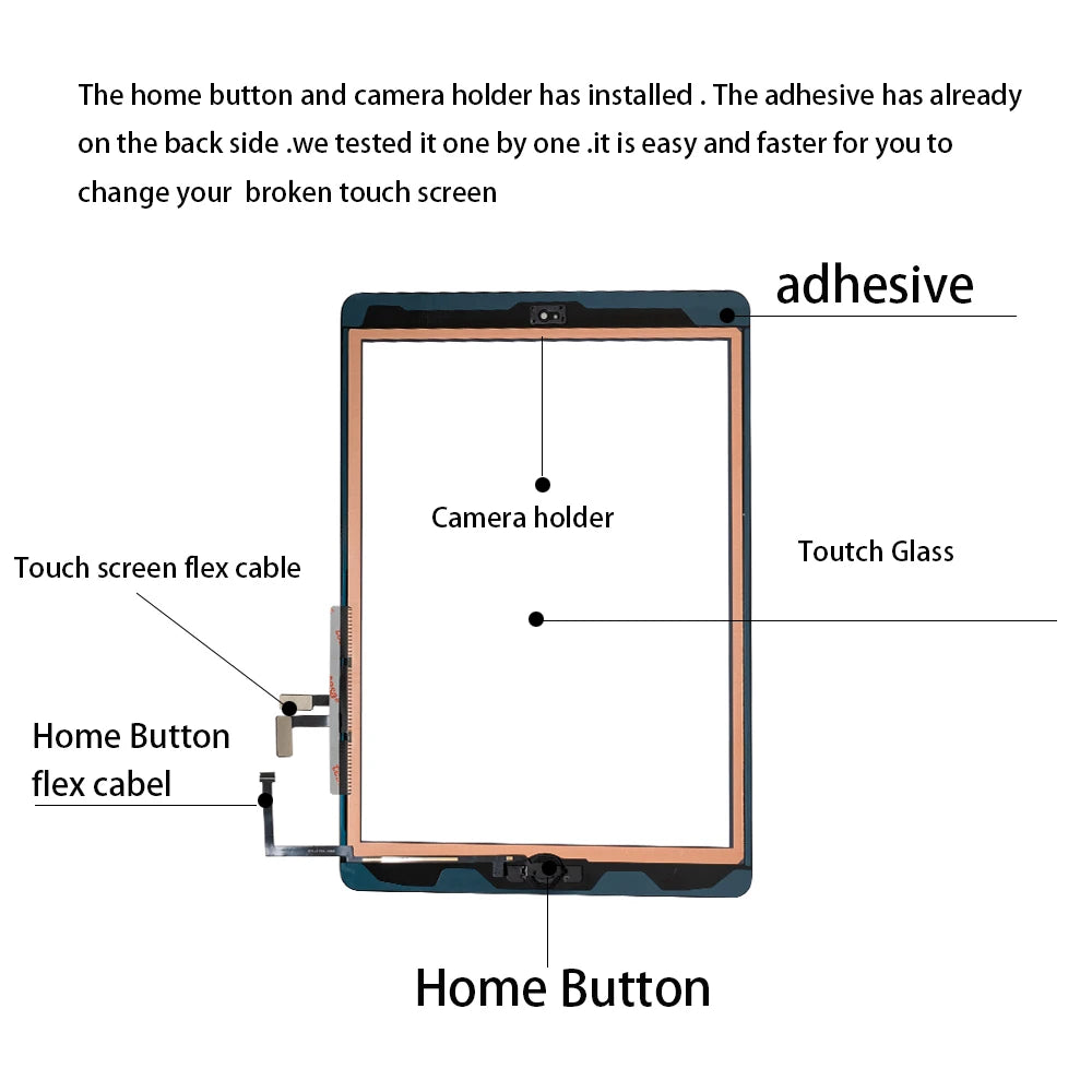 For iPad Air 1 Touch Screen Digitizer Glass A1474 A1475 A1476 with Home Button,Camera Holder,Adhesive,Tool Kit+Tempered Glass iPad tablet repair parts