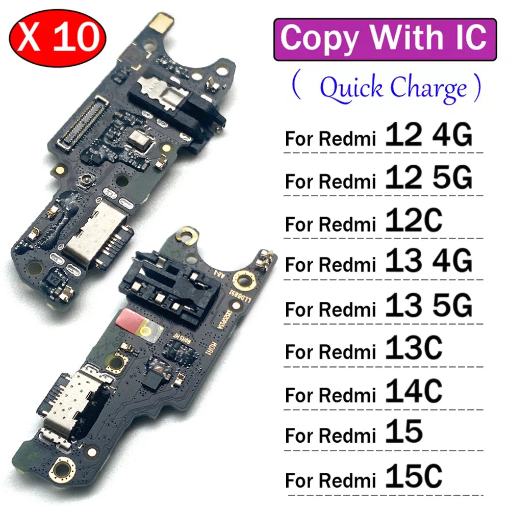 10Pcs, USB Charging Port Dock Charger Plug Connector Board Flex Cable For Xiaomi Redmi 12 12C 13 13C 14C 15 15C 4G 5G Xiaomi  Xiao mi phone repair parts