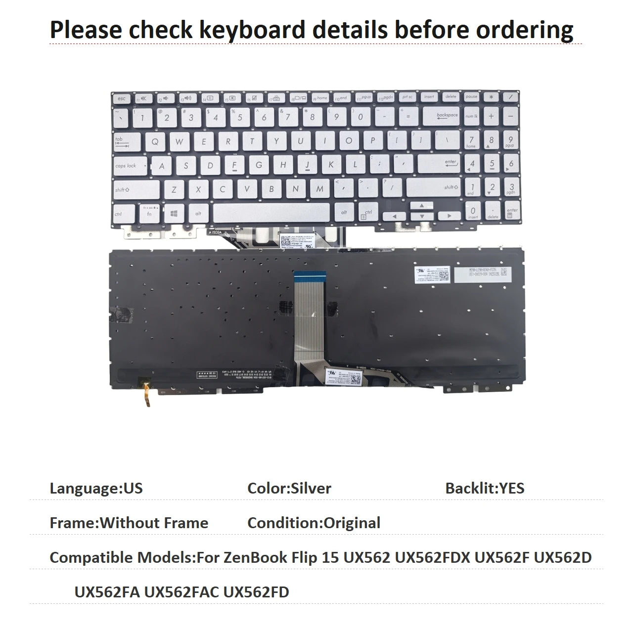 New US Language  Backlit Keyboard For ASUS ZenBook Flip 15 UX562 UX562FDX UX562F UX562D UX562FA UX562FAC UX562FD ASUS laptop repair parts