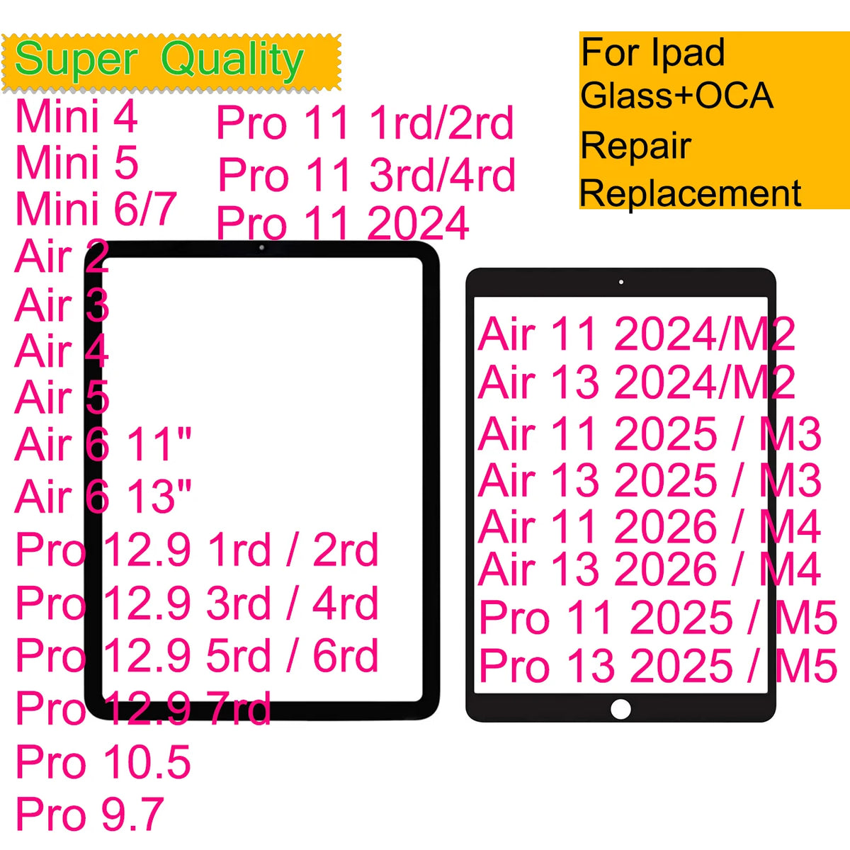 10Pcs For iPad Pro 11 13 M5 Air 13 11 M4 M3 M2 Air 6 5 4 3 Mini Pro 12.9 10.5 9.7 Touch Screen Panel Front Outer Glass With OCA  iPad repair parts