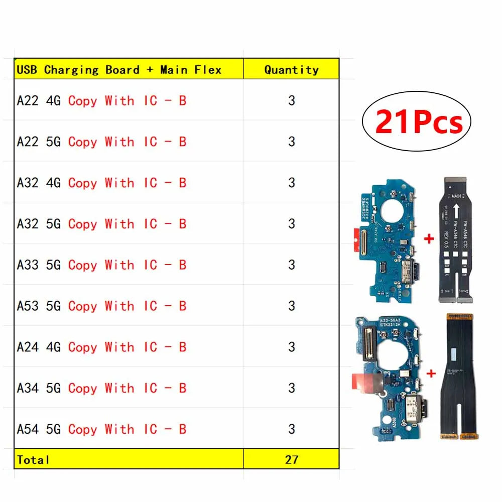 18Pcs, New USB Charging Port Dock Charger Connector Main Board Flex Cable For Samsung A22 A32 A52 A72 A33 A53 A24 A34 A54 4G 5G  Samsung phone repair parts