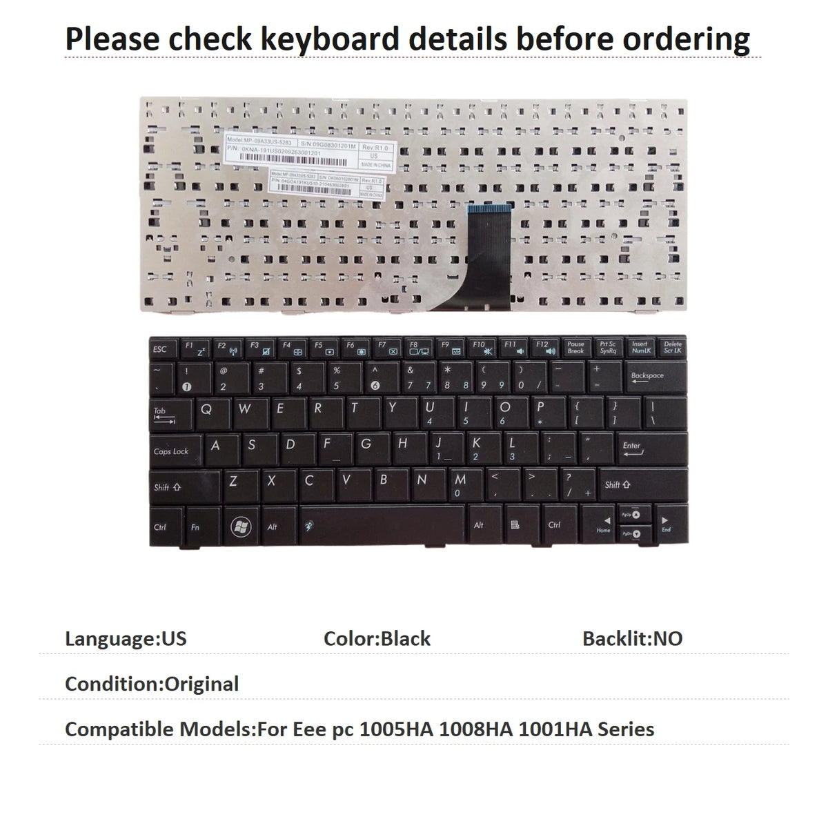 New US UI Russian Spanish Language  Keyboard For ASUS Eee pc 1005HA 1008HA 1001HA Series Notebook PC Replacement Keyboard ASUS laptop repair parts