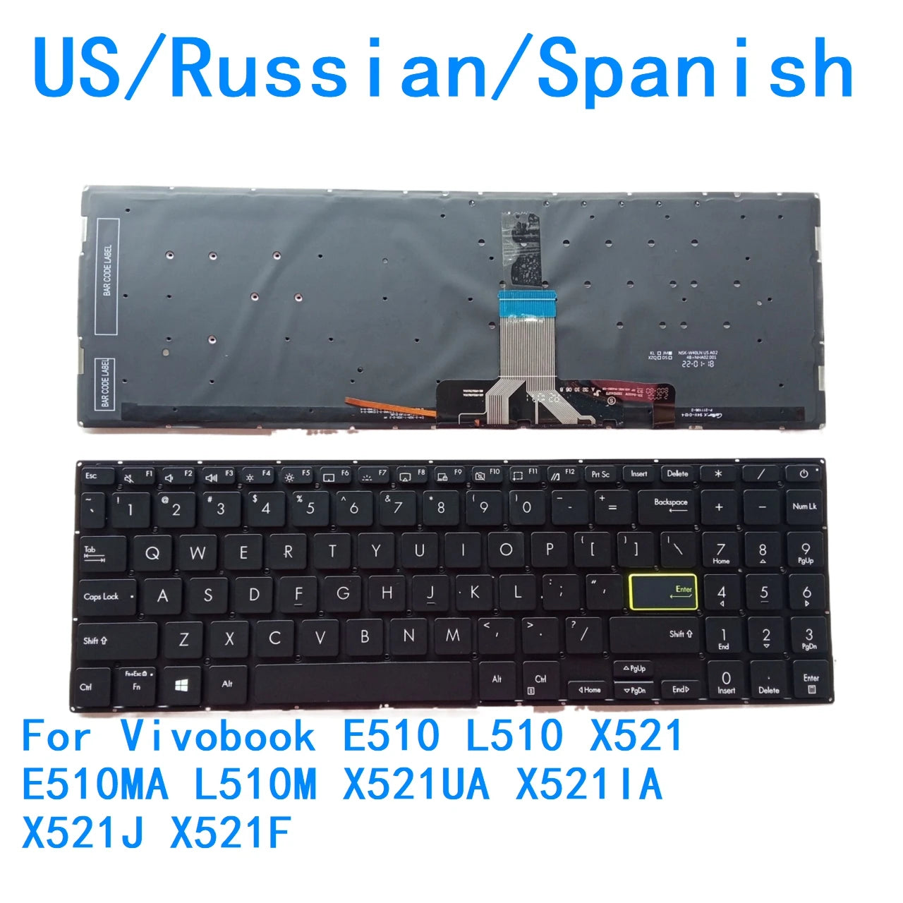 New US Russian Spanish Language  Backlit Keyboard For ASUS Vivobook E510 L510 X521 E510MA L510M X521UA X521IA X521J X521F ASUS laptop repair parts