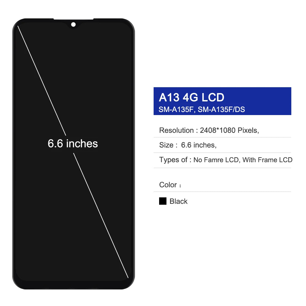 6.6'' A13 Display Screen Replacement, for Samsung Galaxy A13 4G A135 SMA135F A137F Lcd Display Digital Touch Screen with Frame Samsung phone repair parts