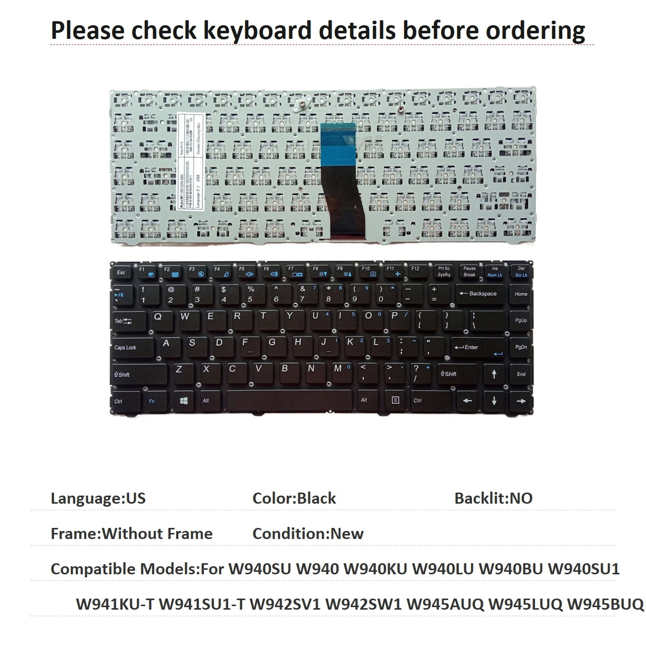 US Latin Keyboard For CLEVO W940SU W940 W940KU W940LU W940BU W940SU1 W941KU-T W941SU1-T W942SV1 W942SW1 W945AUQ W945LUQ W945BUQ