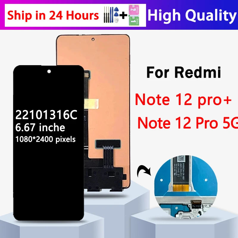 AMOLED For Redmi Note 12 Pro+ 12Pro Plus For Xiaomi Redmi Note 12 Pro 5G 22101316C LCD Display Touch Screen Digitizer Assembly Xiaomi phone repair parts