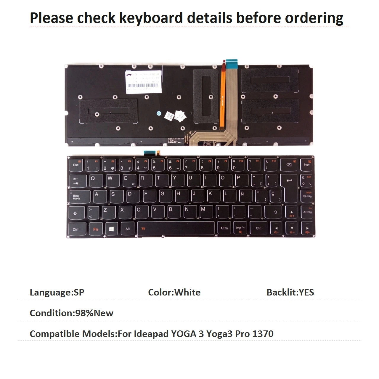 New US Spanish Language  Backlit Keyboard For Lenovo Ideapad YOGA 3 Yoga3 Pro 1370 Notebook PC Replacement Keyboard Lenovo laptop repair parts
