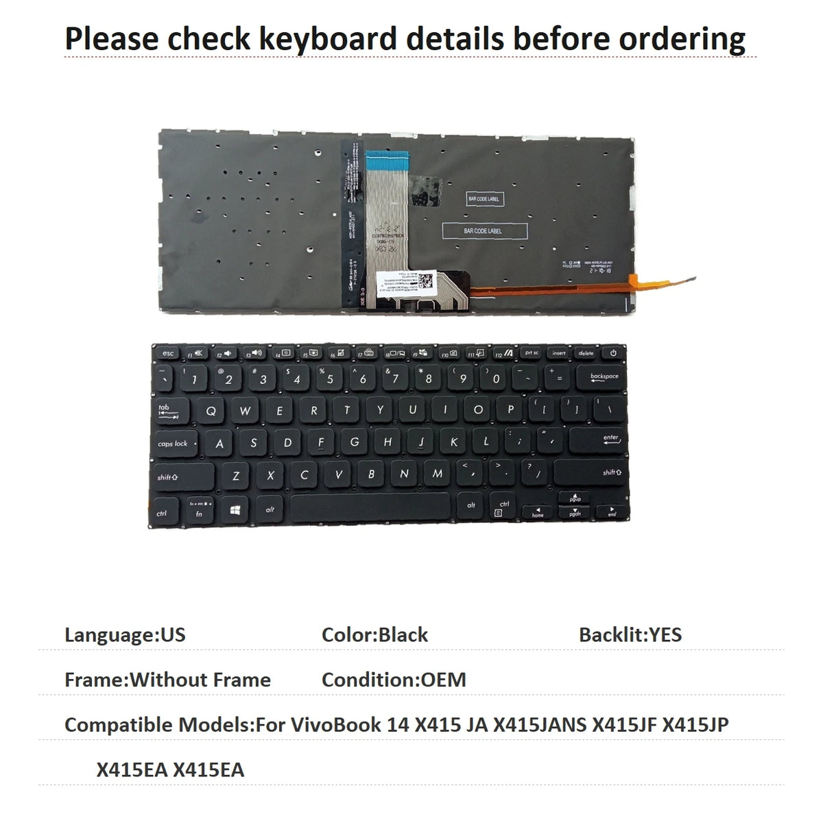 New US Arab Language  Backlit Keyboard For ASUS VivoBook 14 X415 JA X415JANS X415JF X415JP X415EA X415EA Replacement Keyboard ASUS laptop repair parts