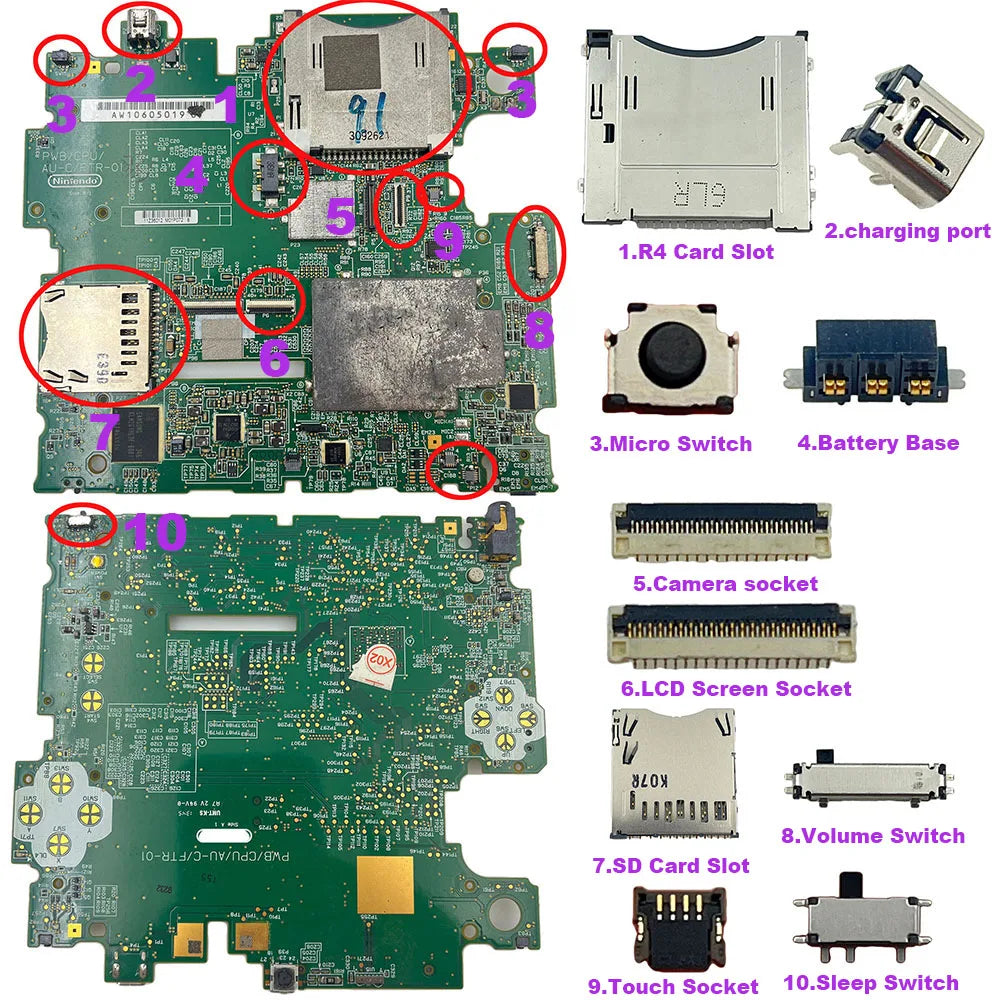 1PC For 2DS Volume Button Micro Switch Battery Base Charging Port R4 SD Card Slot Touch LCD Socket Connector Game console repair parts