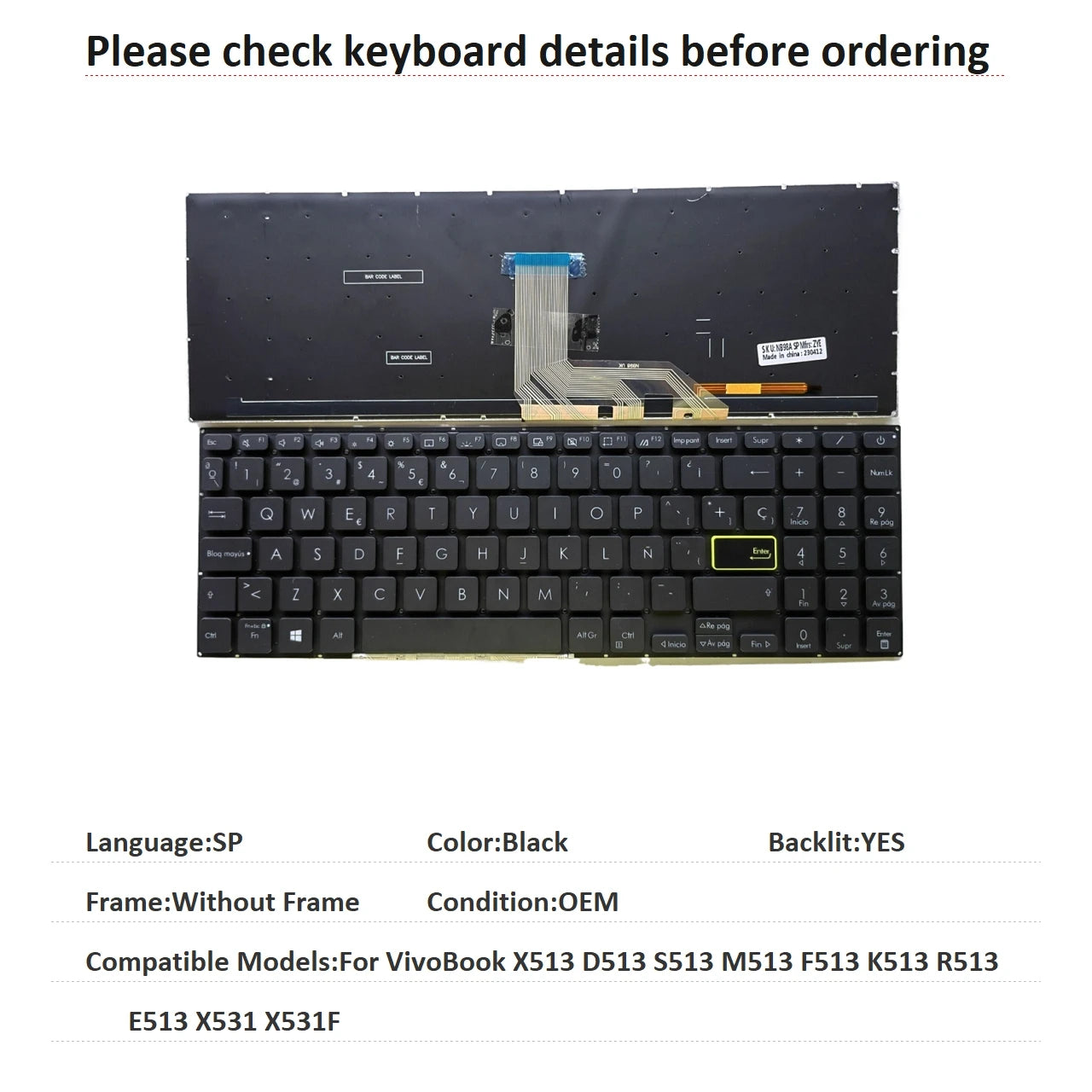 New US Russian Spanish UK Language  Backlit Keyboard For ASUS VivoBook X513 D513 S513 M513 F513 K513 R513 E513 X531 X531F ASUS laptop repair parts