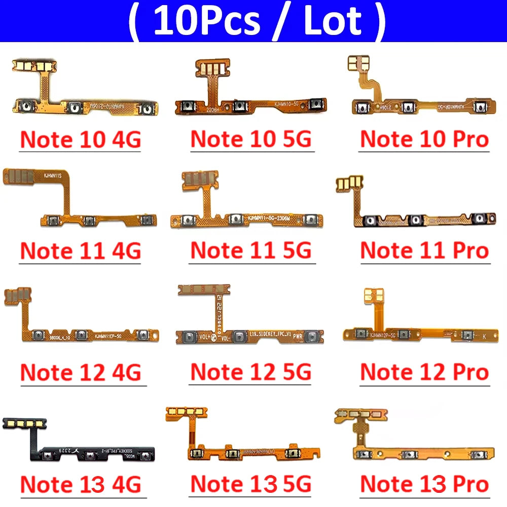 10Pcs,  Power On Off Volume Key Button Flex Cable For Xiaomi Redmi Note 10 10s 11 11s 12 12s 13 Pro Plus 4G 5G Xiaomi  Xiao mi phone repair parts