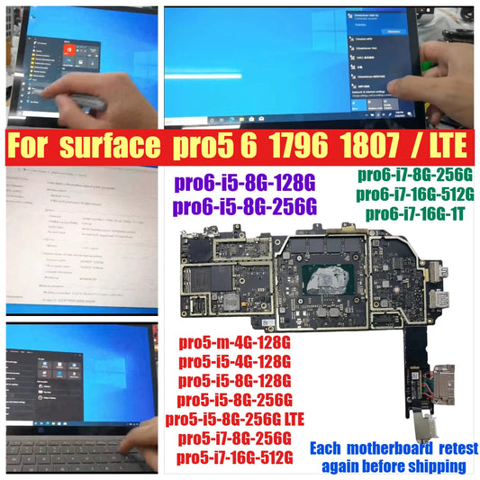 Motherboard for Microsoft surface pro5 6 1796 1807 i5 i7 256 512 LTE system board main board
