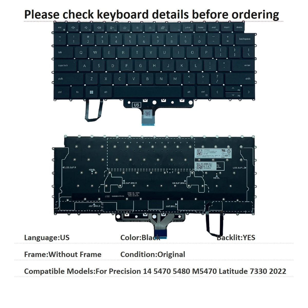 New US Language  Backlit Keyboard For Dell Precision 14 5470 5480 M5470 Latitude 7330 2022 LK1374C3A00Dell laptop repair parts