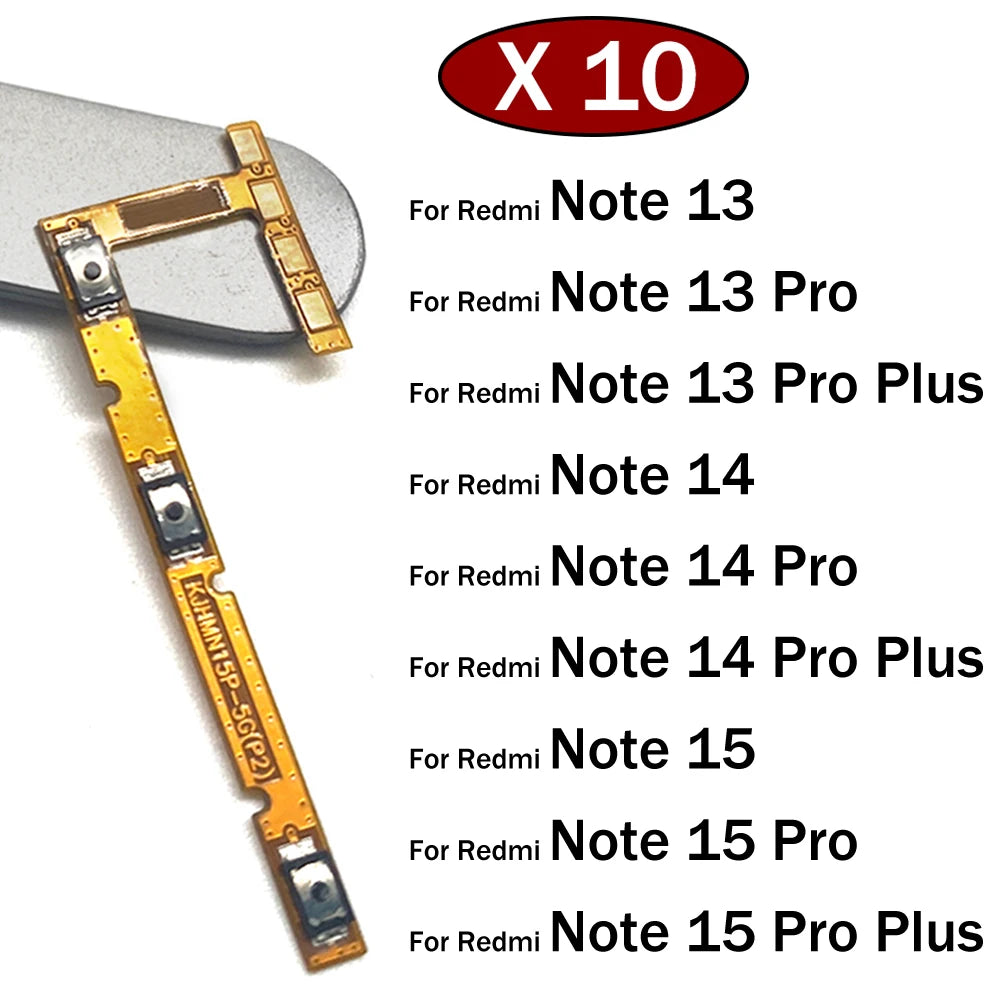 10Pcs, Volume Button Power Switch On Off Button Flex Cable For Xiaomi Redmi Note 13 14 15 Pro Plus 4G 5G Xiaomi  Xiao mi phone repair parts