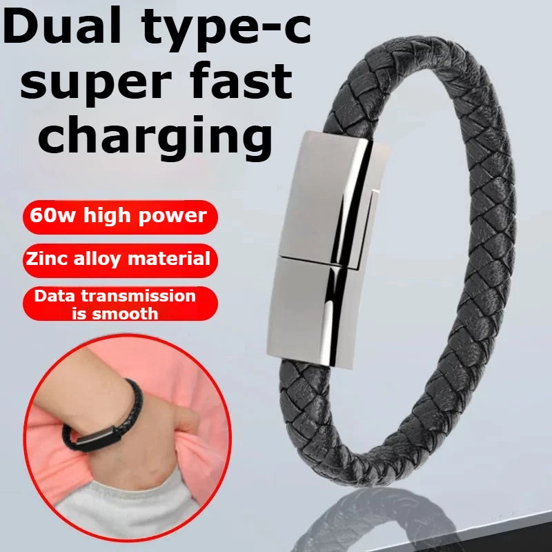 Creative wristband bracelet style Data cable 60W 100W portable dual Type-C Light-ning PD  Super fast charging charger cable