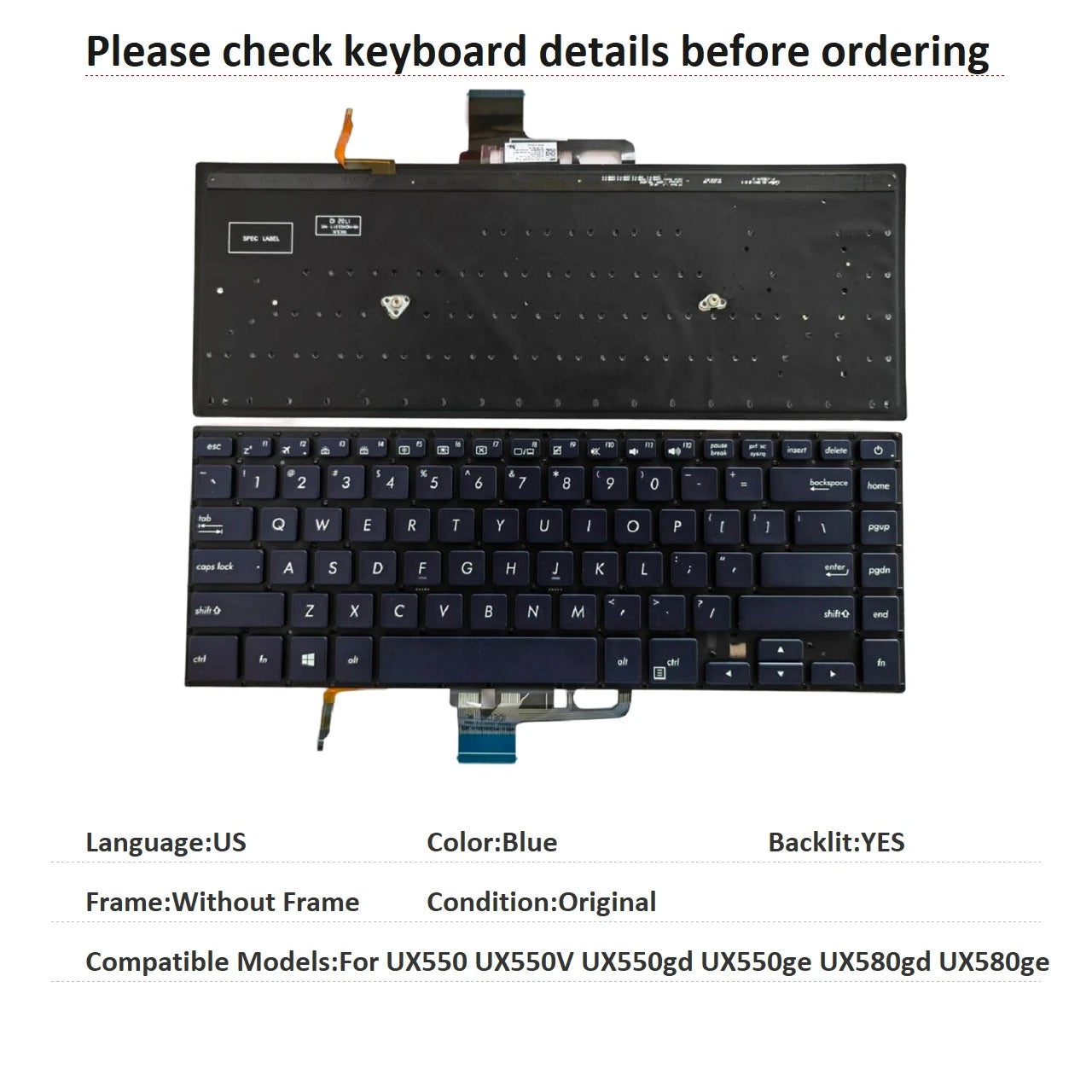 New US Language  Backlit Keyboard For ASUS UX550 UX550V UX550gd UX550ge UX580gd UX580ge Notebook PC Replacement Keyboard ASUS laptop repair parts