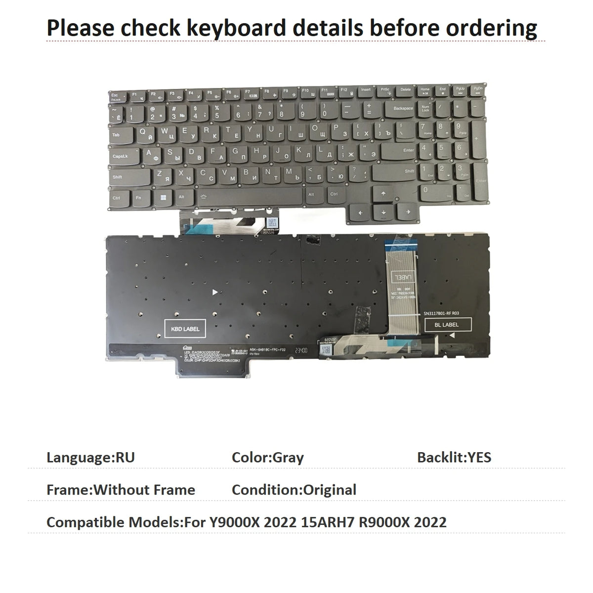 New US Russian Spanish Language  RGB Keyboard For Lenovo Y9000X 2022 15ARH7 R9000X 2022 Notebook PC Replacement Keyboard Lenovo laptop repair parts
