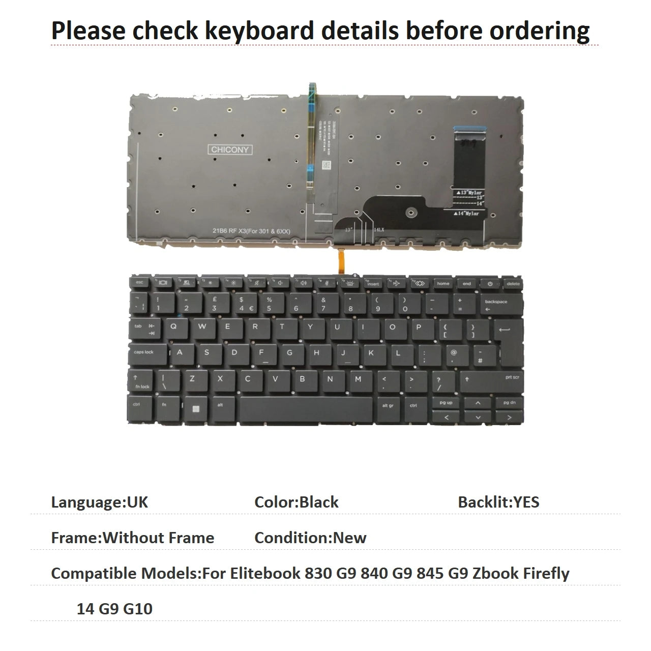 New UK Language  Backlit Keyboard For HP Elitebook 830 G9 840 G9 845 G9 Zbook Firefly 14 G9 G10 Notebook PC Replacement Keyboard  HP laptop repair parts