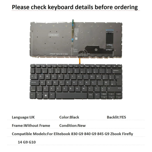New UK Language  Backlit Keyboard For HP Elitebook 830 G9 840 G9 845 G9 Zbook Firefly 14 G9 G10 Notebook PC Replacement Keyboard  HP laptop repair parts