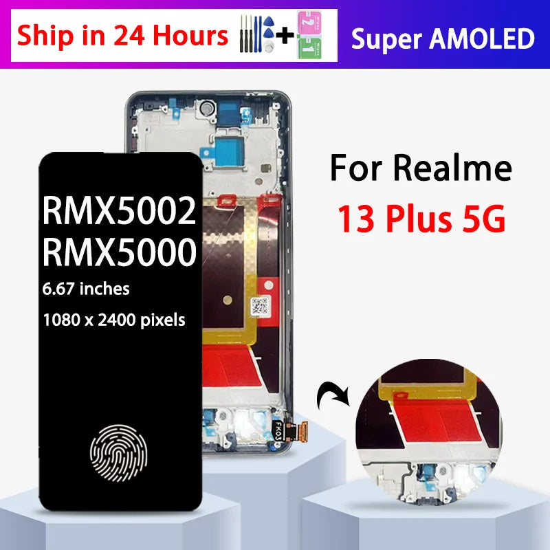 6.67"Super AMOLED For Realme 13+ LCD RMX5002 Display Touch Screen Digitizer For Realme 13 Plus RMX5000 LCD Frame  Oppo phone repair parts