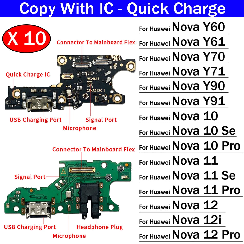 10Pcs, USB Charging Port Dock Charger Connector Board Flex Cable For Huawei Nova 10 11 11i 12 12i Pro Se Y60 Y61 Y70 Y71 Y90 Y91 Huawei phone repair parts