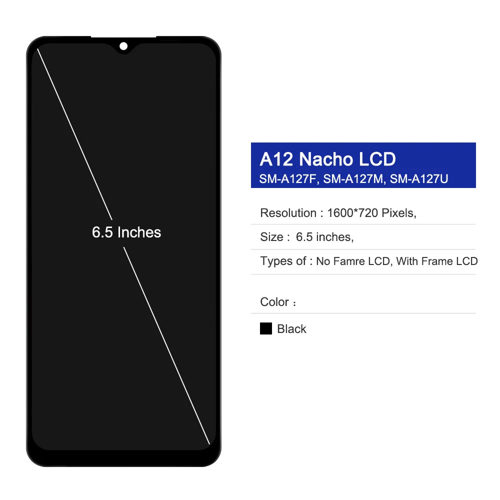 A12 Nacho Display Screen Assembly, for Samsung Galaxy A12 Nacho A127 A127F LCD Display Touch Screen with Frame for Samsung A12S Samsung phone repair parts