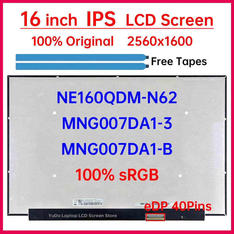 16" Laptop LCD Screen NE160QDM N62 NE160QDM-N62 MNG007DA1-3 MNG007DA1-B Display Matrix Panel Replacement 2560x1600 eDP 40 Pins Laptop screen replacement