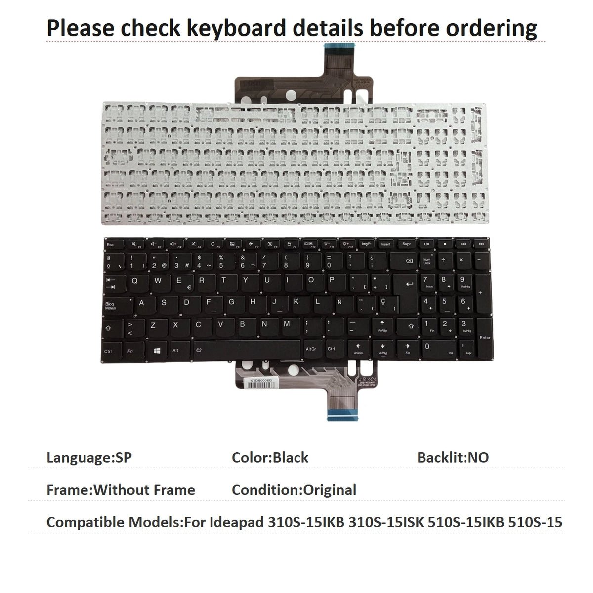 New US Spanish Language  Backlit Keyboard For Lenovo Ideapad 310S-15IKB 310S-15ISK 510S-15IKB 510S-15 Replacement Keyboard Lenovo laptop repair parts