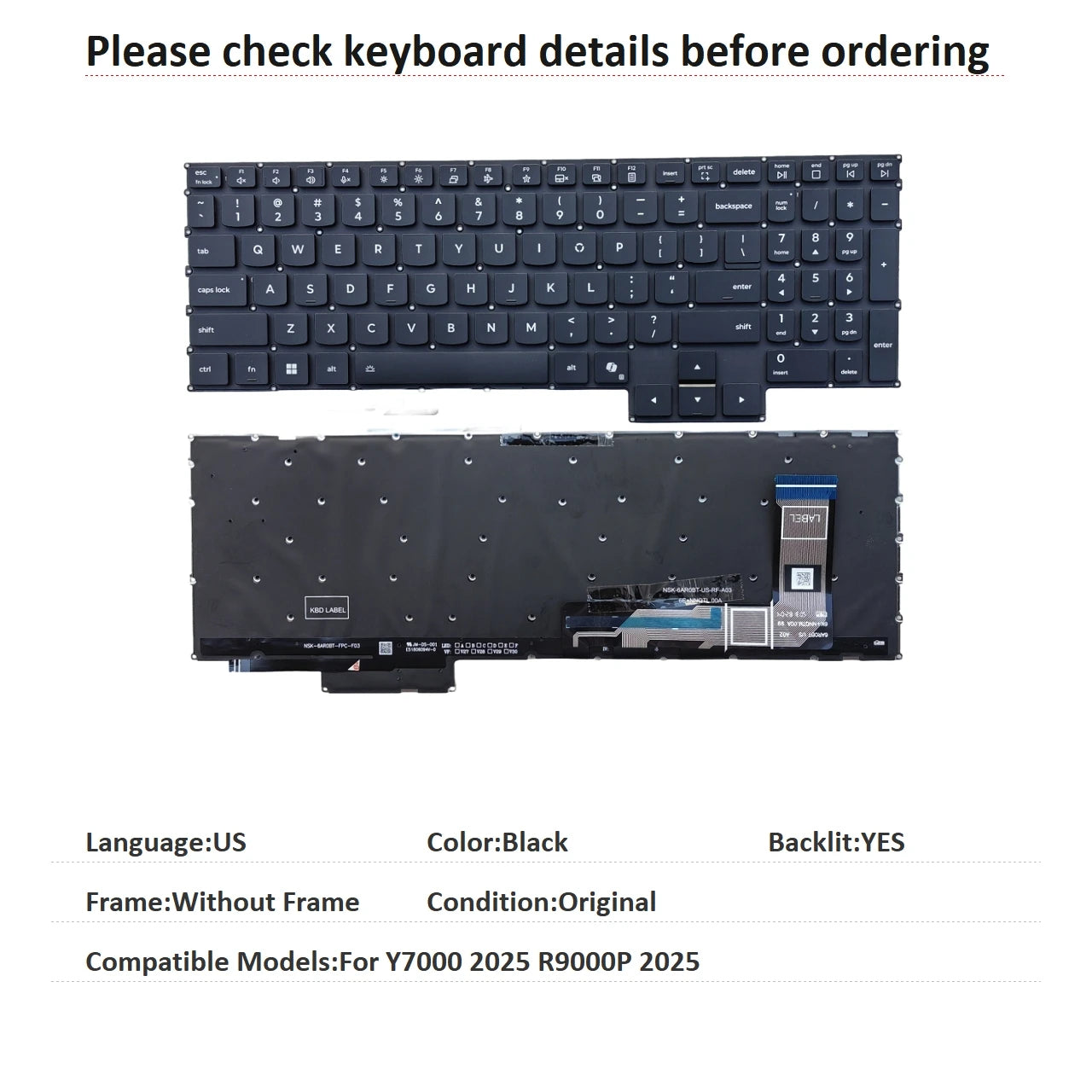 New US Language  Backlit Keyboard For Lenovo Y7000 2025 R9000P 2025 Notebook PC Replacement Keyboard Lenovo laptop repair parts