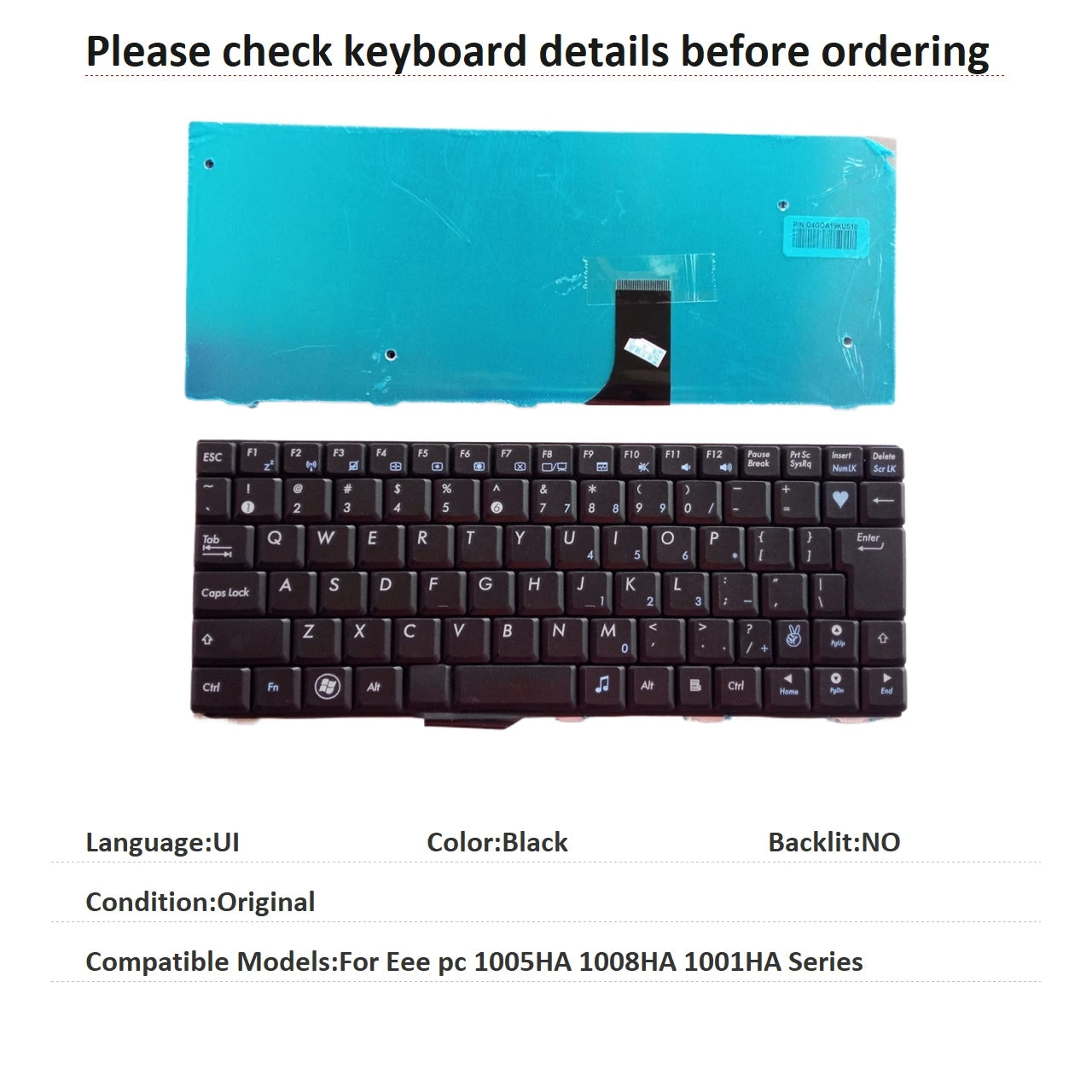 New US UI Russian Spanish Language  Keyboard For ASUS Eee pc 1005HA 1008HA 1001HA Series Notebook PC Replacement Keyboard ASUS laptop repair parts
