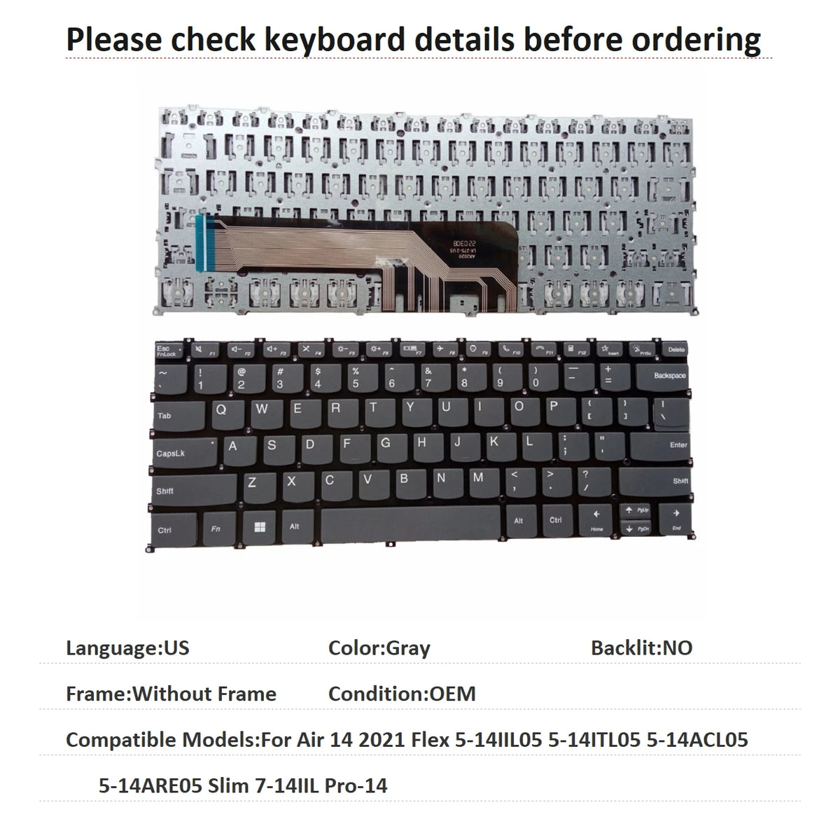New US Spanish UK Backlit Keyboard For Lenovo Air 14 2021 Flex 5-14IIL05 5-14ITL05 5-14ACL05 5-14ARE05 Slim 7-14IIL Pro-14 Lenovo laptop repair parts