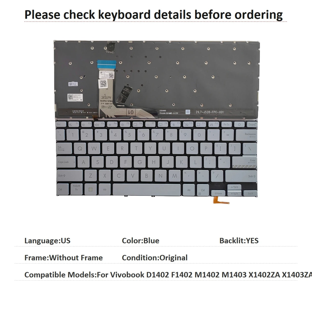 New US Language  Backlit Keyboard For ASUS Vivobook D1402 F1402 M1402 M1403 X1402ZA X1403ZA Notebook PC Replacement Keyboard  ASUS laptop repair parts