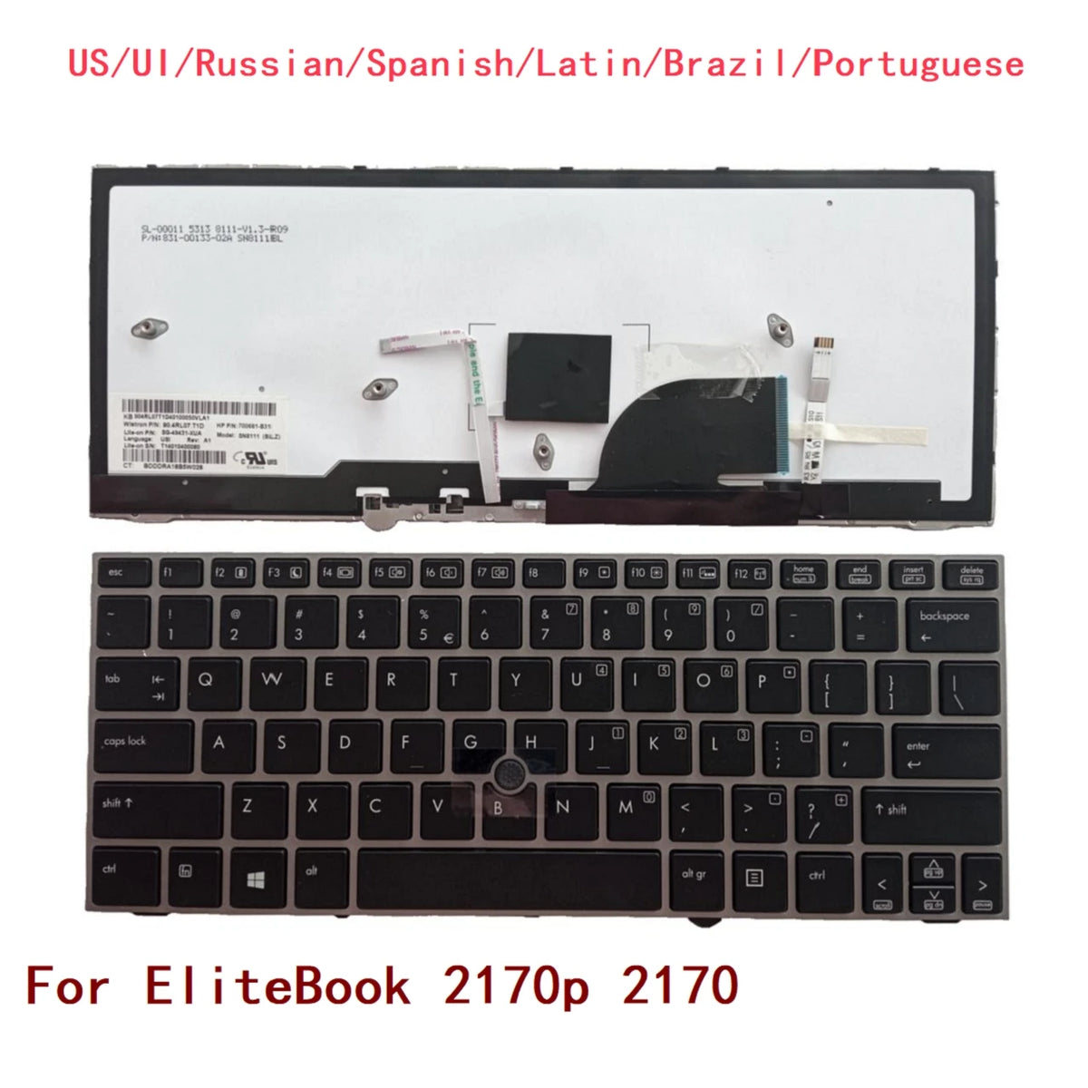 New US UI Russian Spanish Latin Brazil Portuguese Laptop Backlit Keyboard For HP EliteBook 2170p 2170 Notebook PC Replacement  HP laptop repair parts