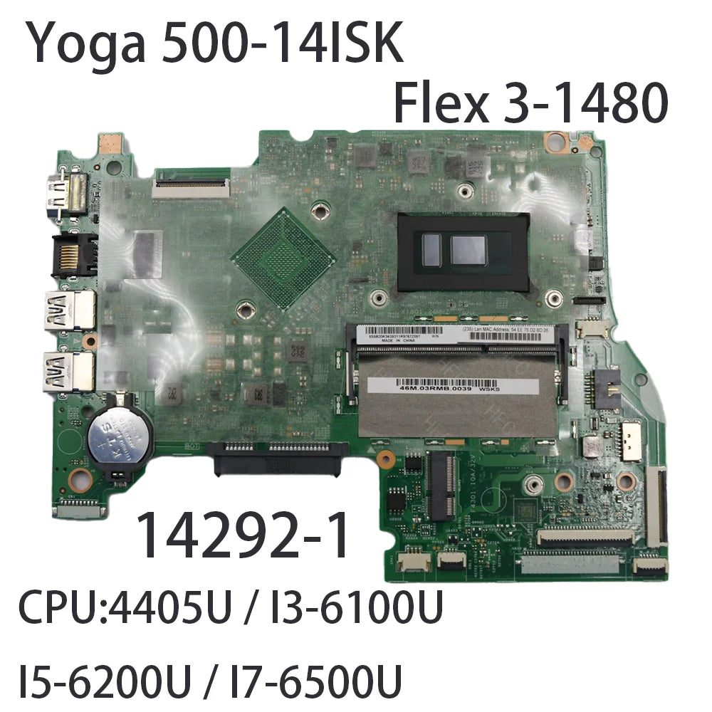 Laptop Motherboard For Lenovo Yoga 500-14ISK    Flex 3-1480	14292-1 With CPU 4405U I3-6100U I5-6200U I7-6500U UMA FRU:5B20K36388 Lenovo laptop repair parts
