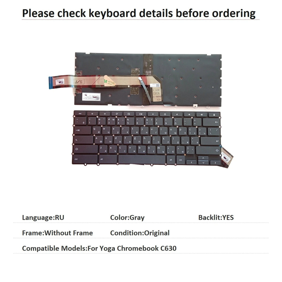 New US Russian Language  Backlit Chromebook Keyboard For Lenovo Yoga Chromebook C630 Notebook PC Replacement Keyboard Lenovo laptop repair parts