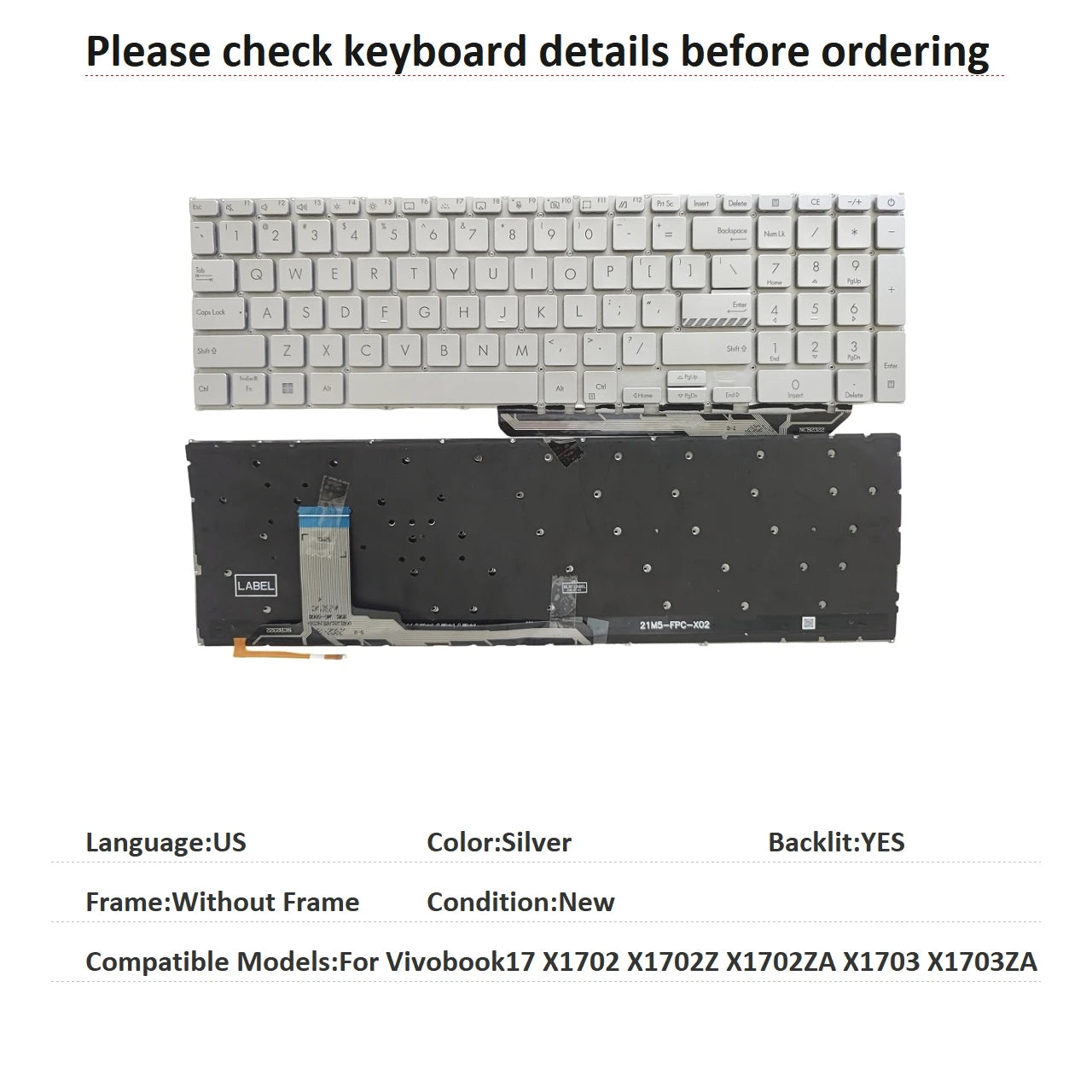 New US UK Language  Backlit Keyboard For ASUS Vivobook17 X1702 X1702Z X1702ZA X1703 X1703ZA Notebook PC Replacement Keyboard ASUS laptop repair parts