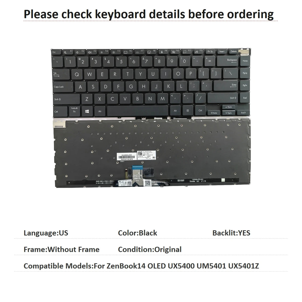 New US Language  Backlit Keyboard For ASUS ZenBook14 OLED UX5400 UM5401 UX5401Z Notebook PC Replacement Keyboard ASUS laptop repair parts