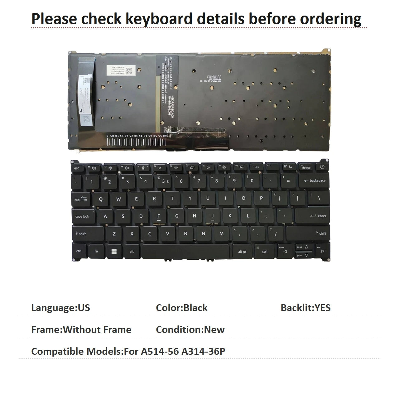 New US Spanish Language  Backlit Keyboard For Acer A514-56 A314-36P Notebook PC Replacement Keyboard  ACER laptop repair parts