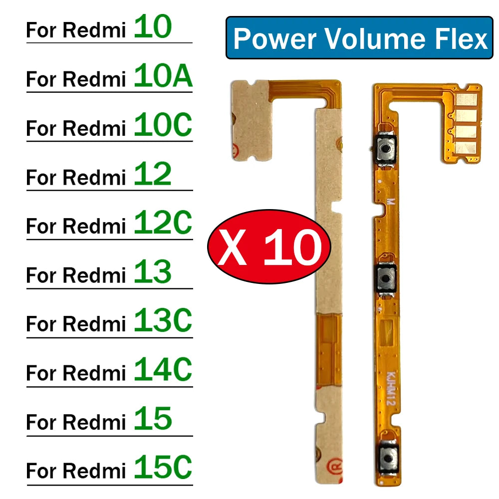 10Pcs, Power Switch On/Off Button Volume Key Button Flex Cable For Xiaomi Redmi 9 9A 9C 9T 10 10A 10C 12 12C 13 13C 14C 15 15C  Xiaomi  Xiao mi phone repair parts