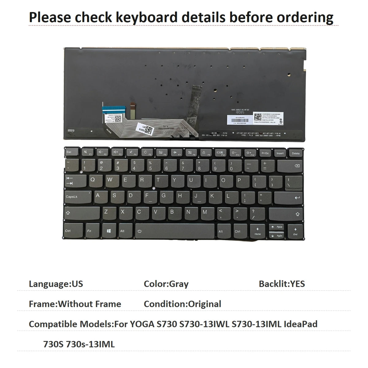 New US UI Spanish Language  Backlit Keyboard For Lenovo YOGA S730 S730-13IWL S730-13IML IdeaPad 730S 730s-13IML Lenovo laptop repair parts