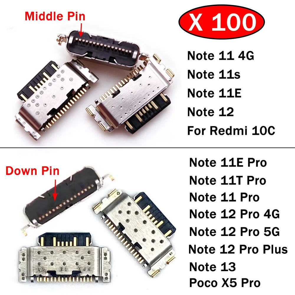 100Pcs，USB Charging Port Connector Charge Socket Dock For Xiaomi Redmi Note 11 11S 11E 11T 12 13 Pro Plus 4G 5G 10C Poco X5 Pro  Xiaomi  Xiao mi phone repair parts
