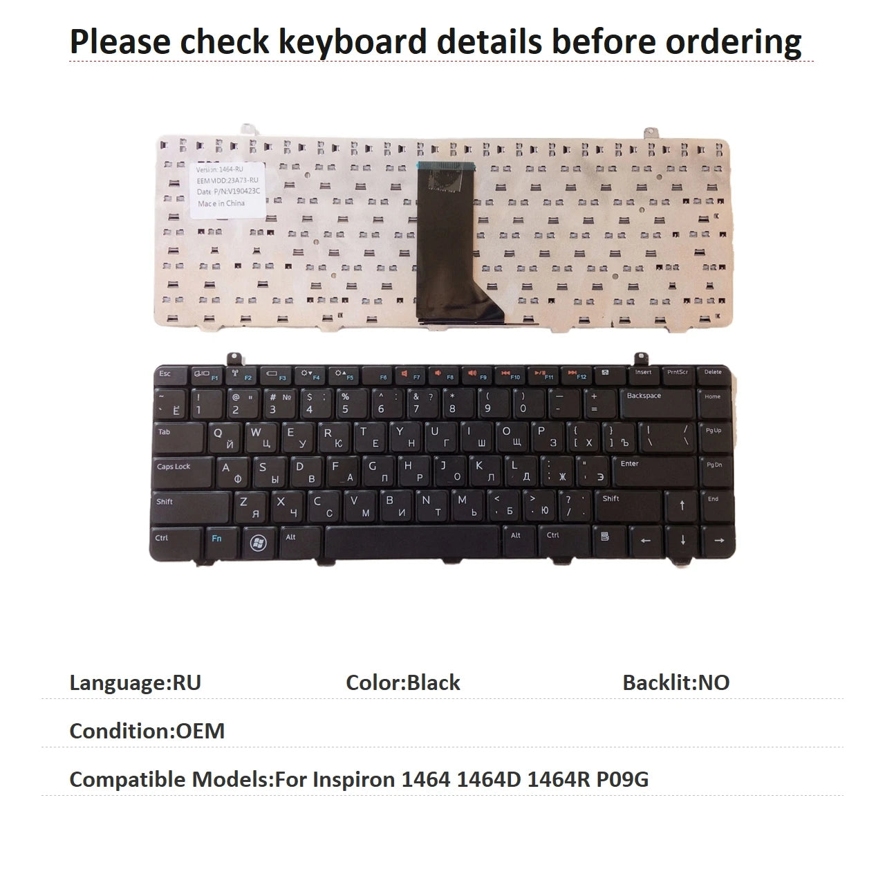 New Russian Spanish Language  Keyboard For Dell Inspiron 1464 1464D 1464R P09G Notebook PC Replacement KeyboardDell laptop repair parts