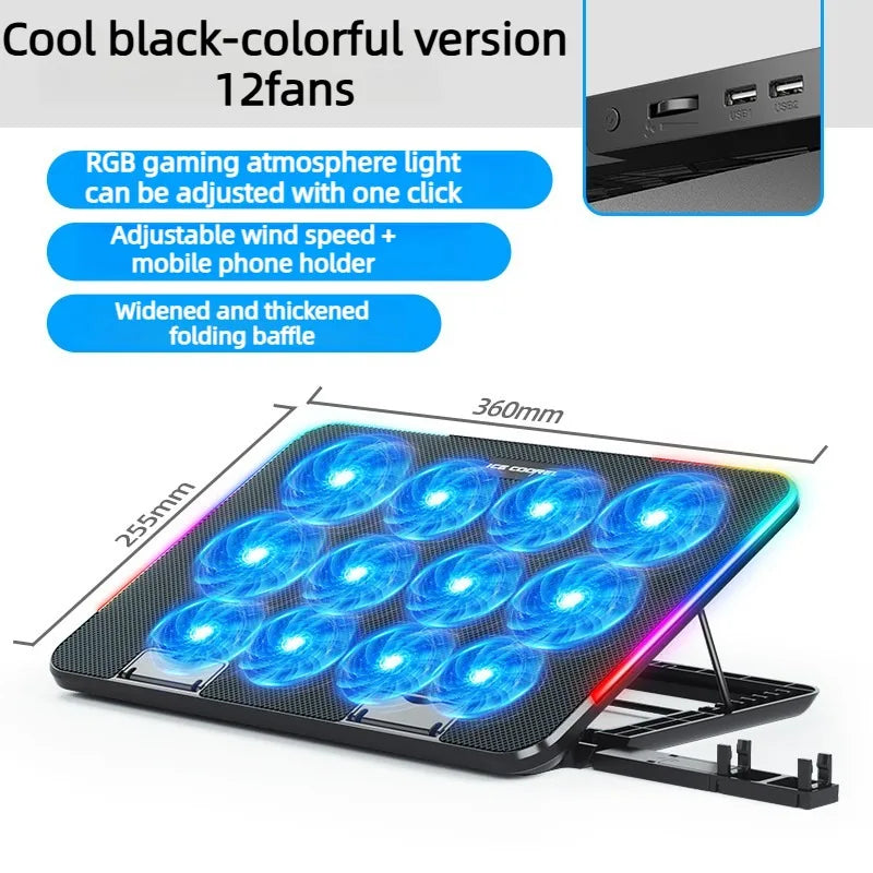 Dual USB 4000RPM 14"-17.3" 12quiet fans Ice Notebook laptop Gaming Cooling Stand Foldable Variable speed Cooler LED Light Fan