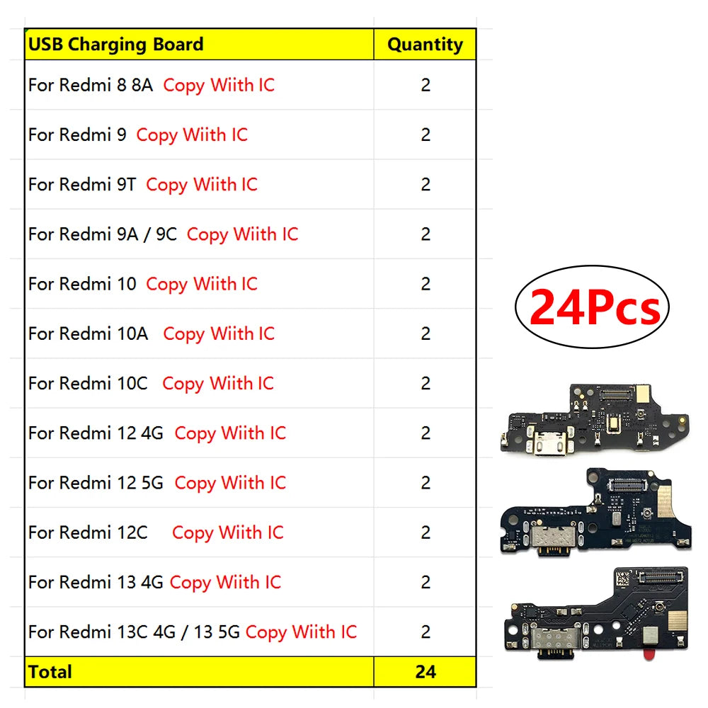 24Pcs, USB Charger Charging Dock Port Connector Flex Cable For Xiaomi Redmi 8 8A 9 9C 9A 9T 10 10A 10C 12 12C 13 13C 4G 5G  Xiaomi  Xiao mi phone repair parts