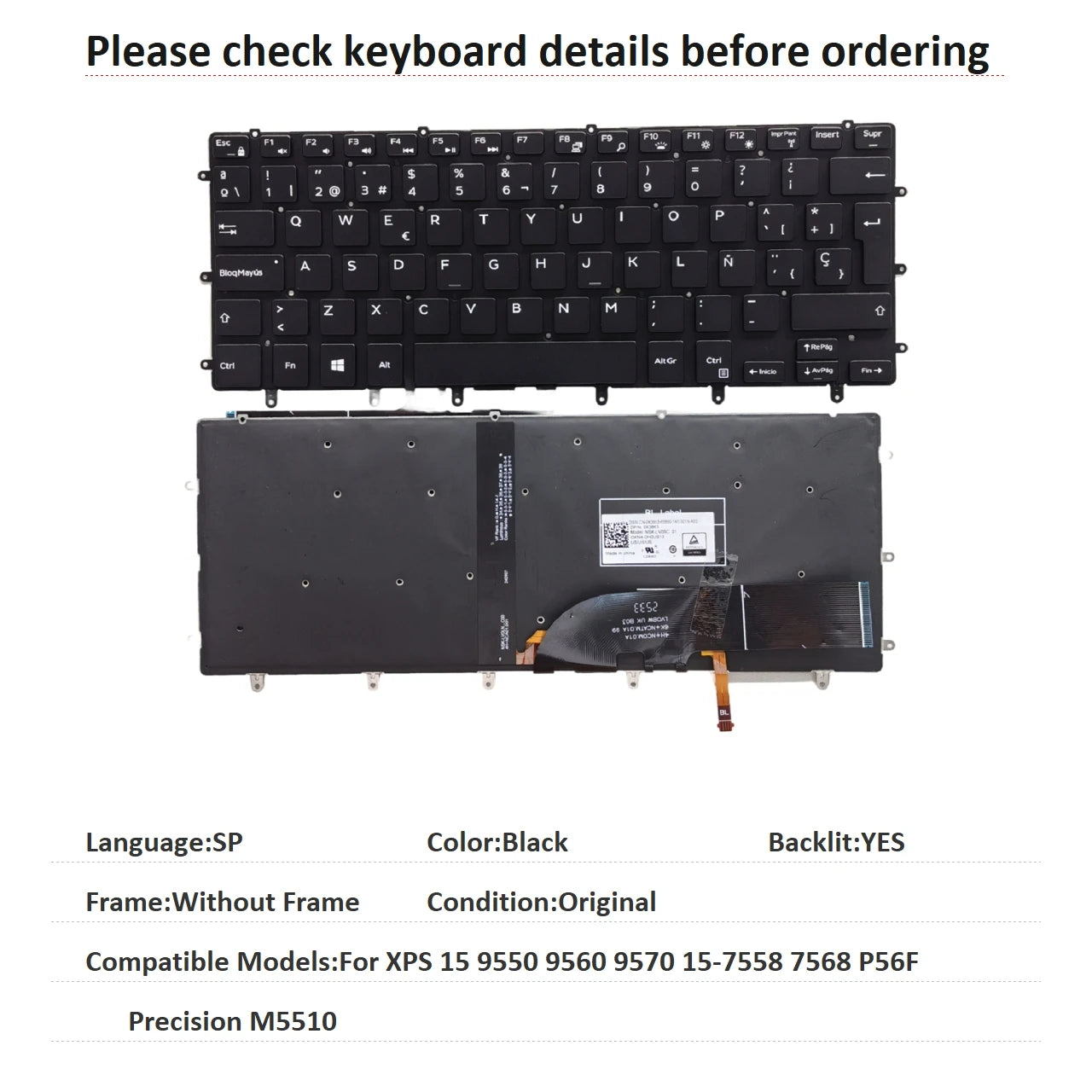 New US Spanish Language  Backlit Keyboard For Dell XPS 15 9550 9560 9570 15-7558 7568 P56F Precision M5510 Replacement KeyboardDell laptop repair parts