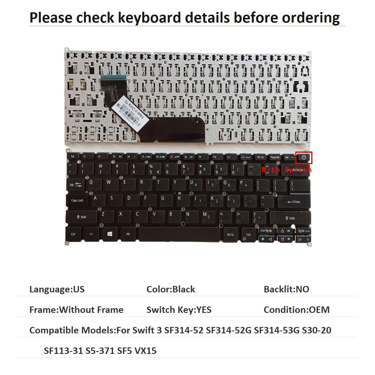 New US Language  Backlit Keyboard For Acer Swift 3 SF314-52 SF314-52G SF314-53G S30-20 SF113-31 S5-371 SF5 VX15  ACER laptop repair parts