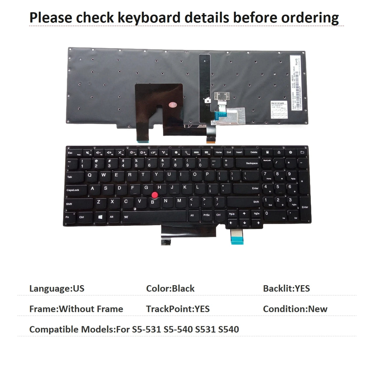 New US Language  Backlit Keyboard For Lenovo Thinkpad S5-531 S5-540 S531 S540 Replacement Keyboard 0C44811 61K00G GN-106DK Lenovo laptop repair parts