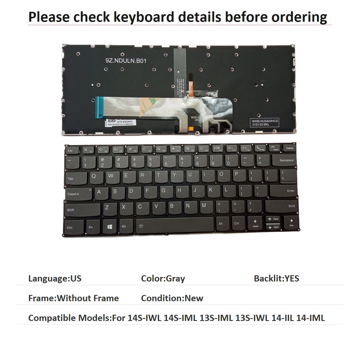 New US Language  Backlit Keyboard For Lenovo Thinkpad 14S-IWL 14S-IML 13S-IML 13S-IWL 14-IIL 14-IML Replacement Keyboard Lenovo laptop repair parts