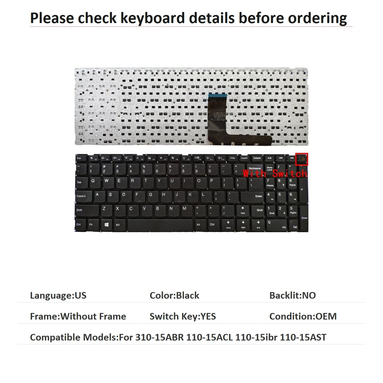 New US Russian Spanish Arab Brazil Language  Backlit Keyboard For Lenovo 310-15ABR 110-15ACL 110-15ibr 110-15AST Lenovo laptop repair parts